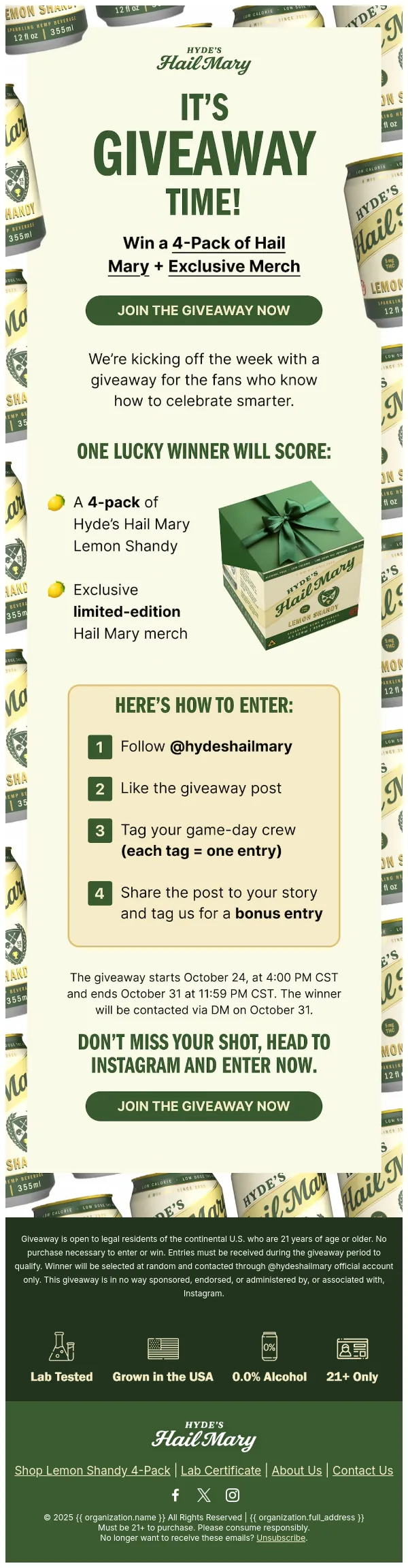Hyde’s Hail Mary October giveaway email, full length