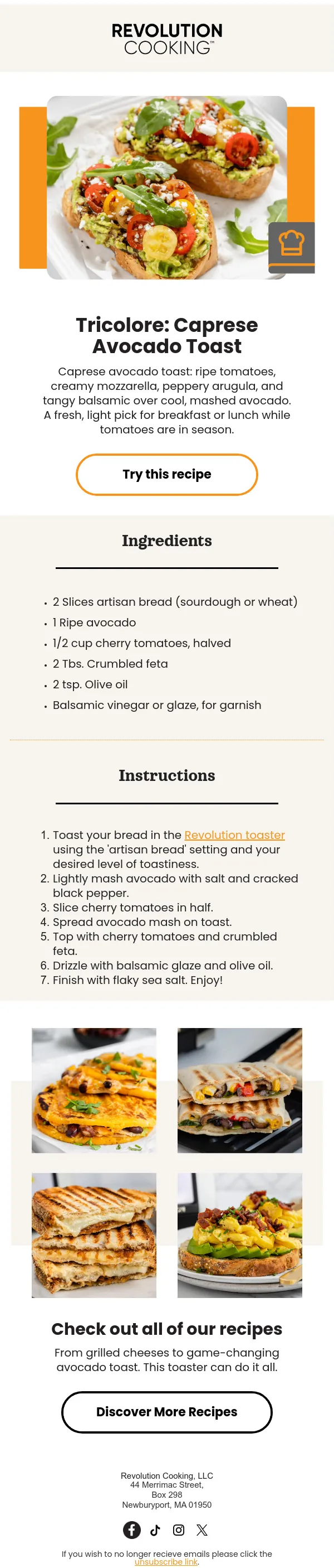 Revolution Cooking recipe email, full length