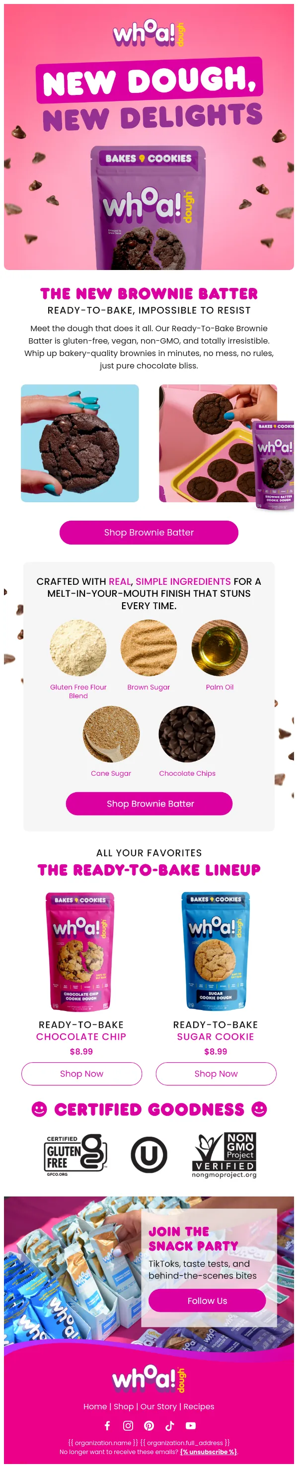 Whoa Dough product launch email, full length